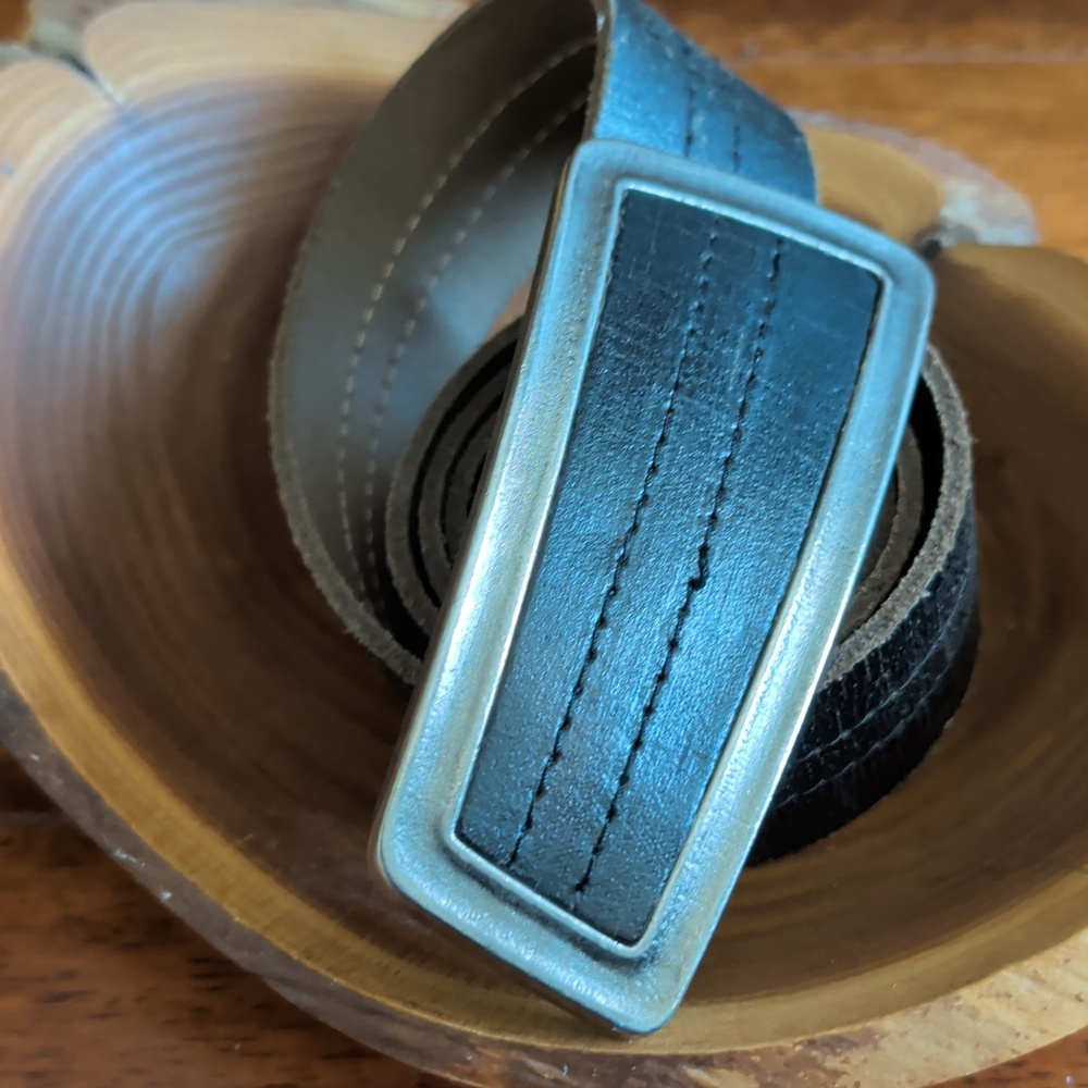 Seven7 Vintage Black Leather Belt with Brushed Silver Rectangular Buckle
